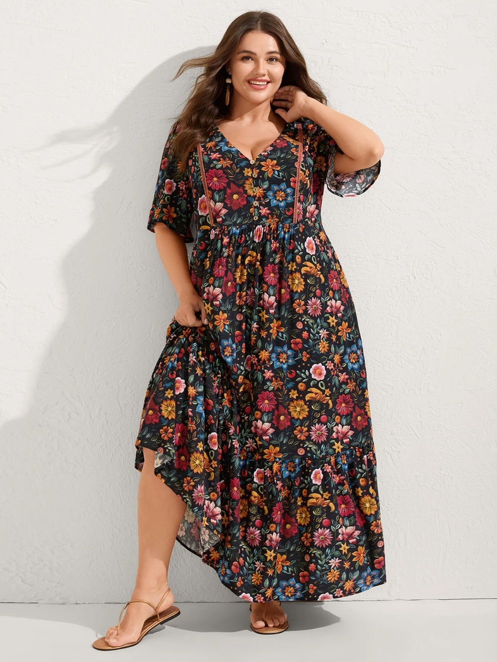 NWT BloomChic Rayon Floral Lace Trim Pockets Button Maxi Dress in Black $42.90